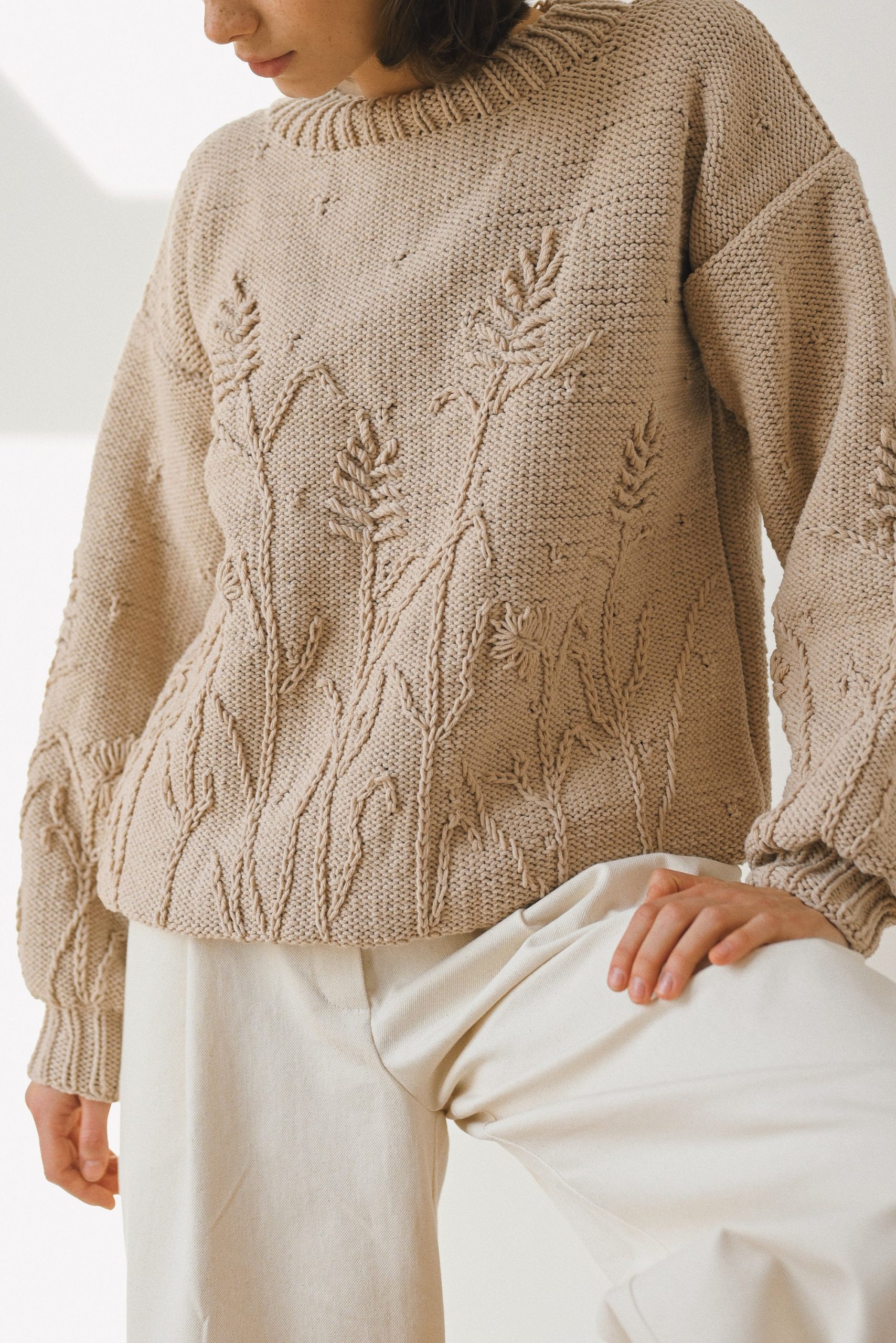 Hand-embroidered Yellow Floral Cotton Sweater - Chunky Knit Pullover