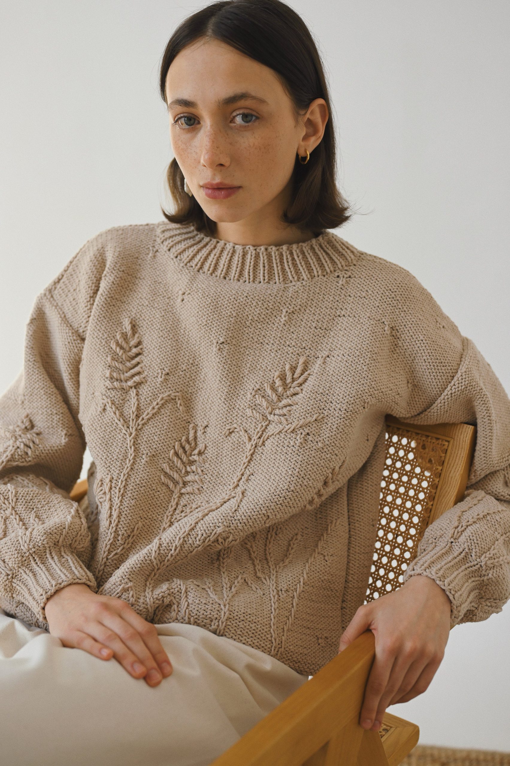 Hand-embroidered Yellow Floral Cotton Sweater - Chunky Knit Pullover