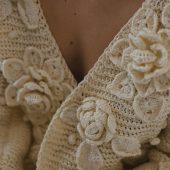 Handknit Cotton Cardigan: White V-neck Jacket With Embroidered Flowers
