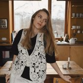 Handknit Cotton Lacy Slipover Vest: Tassel Tie Sleeveless Top