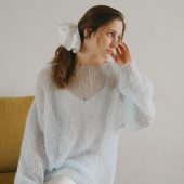 Hand-knitted Olive Mohair Pullover: Lightweight Fuzzy Sweater