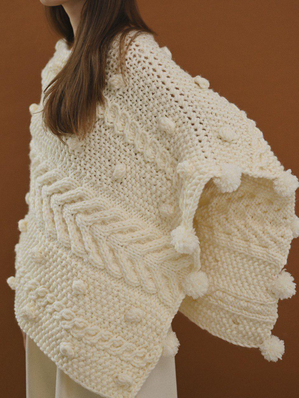 Handcrafted Cream Cable Knit Poncho With Tassels, White Woman Gift Cape Sweater