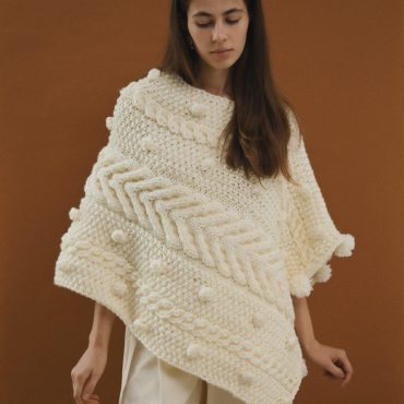 Handcrafted Cream Cable Knit Poncho With Tassels, White Woman Gift Cape Sweater