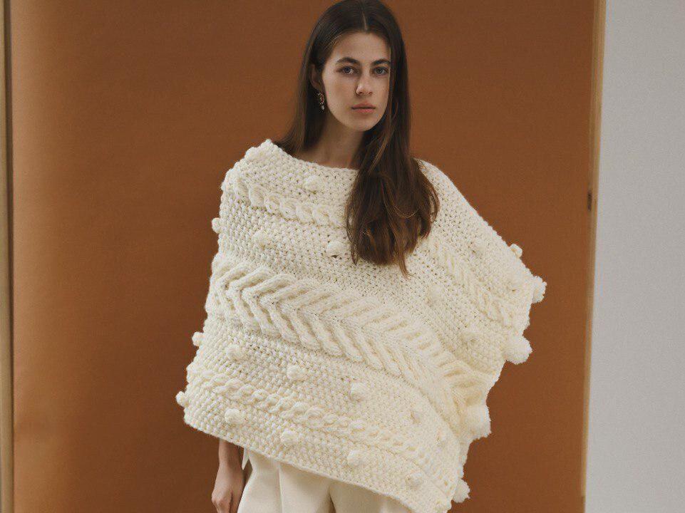 Handcrafted Cream Cable Knit Poncho With Tassels, White Woman Gift Cape Sweater