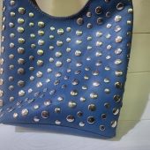 Moroccan Blue Leather Tote Bag – Handmade Studded Shoulder Purse – Boho Chic Bag With Silver Accents – Soft Interior – Large & Small Sizes