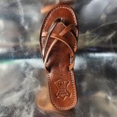 Handmade Moroccan Brown Leather Sandals For Women – Cross Strap Flat Slides – Boho Summer Shoes – Genuine Leather Artisan Footwear –