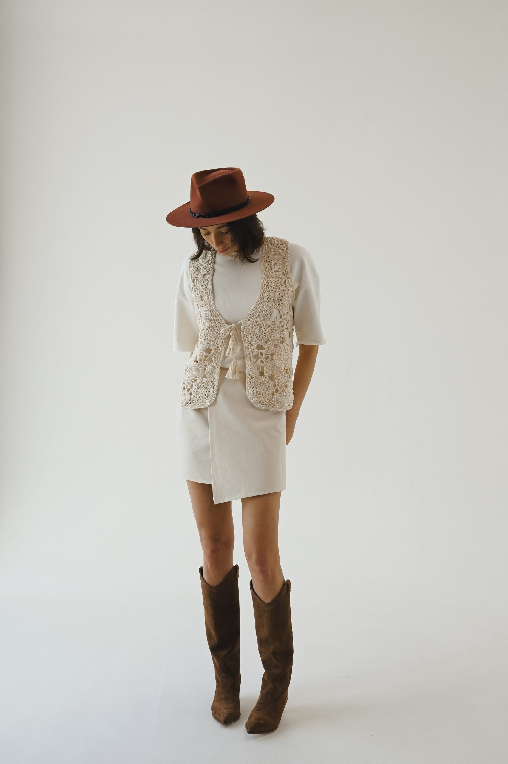 Handknit Cotton Lacy Slipover Vest: Tassel Tie Sleeveless Top