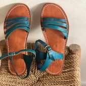 Handmade Moroccan Blue Leather Sandals Women Flat Strappy Summer Shoes