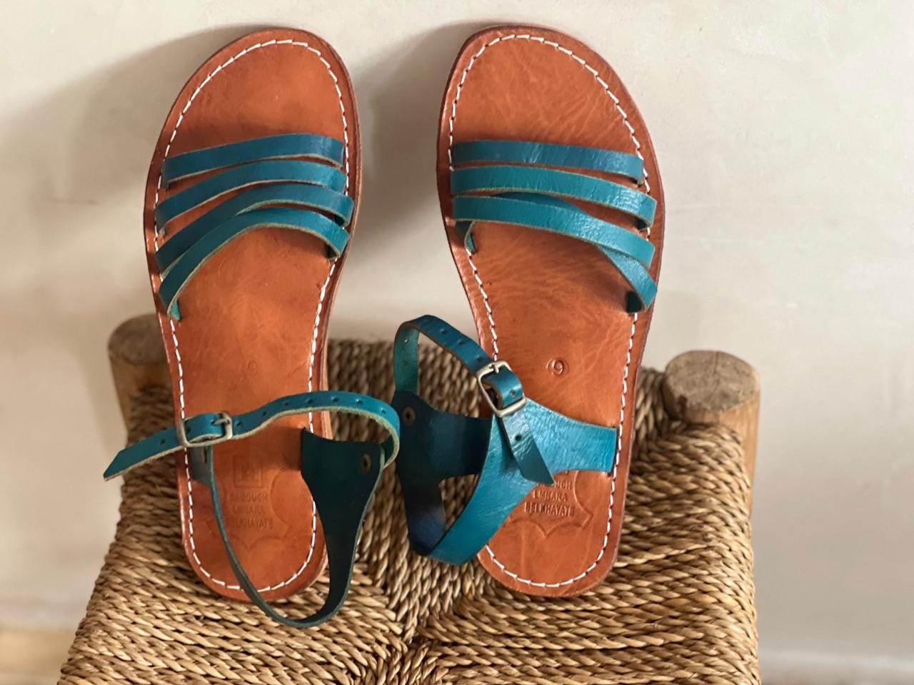 Handmade Moroccan Blue Leather Sandals Women Flat Strappy Summer Shoes