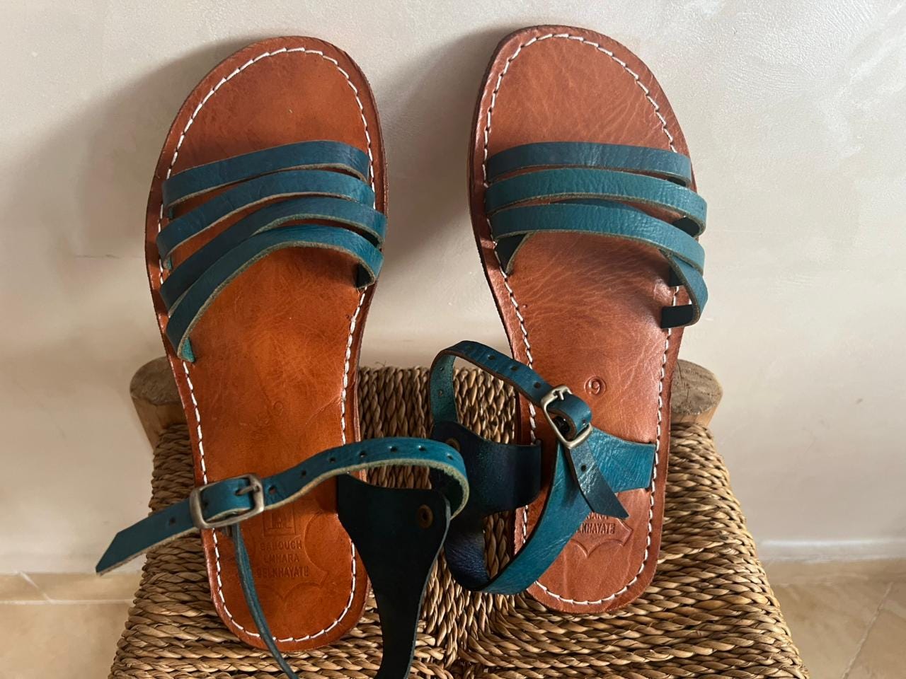 Handmade Moroccan Blue Leather Sandals Women Flat Strappy Summer Shoes