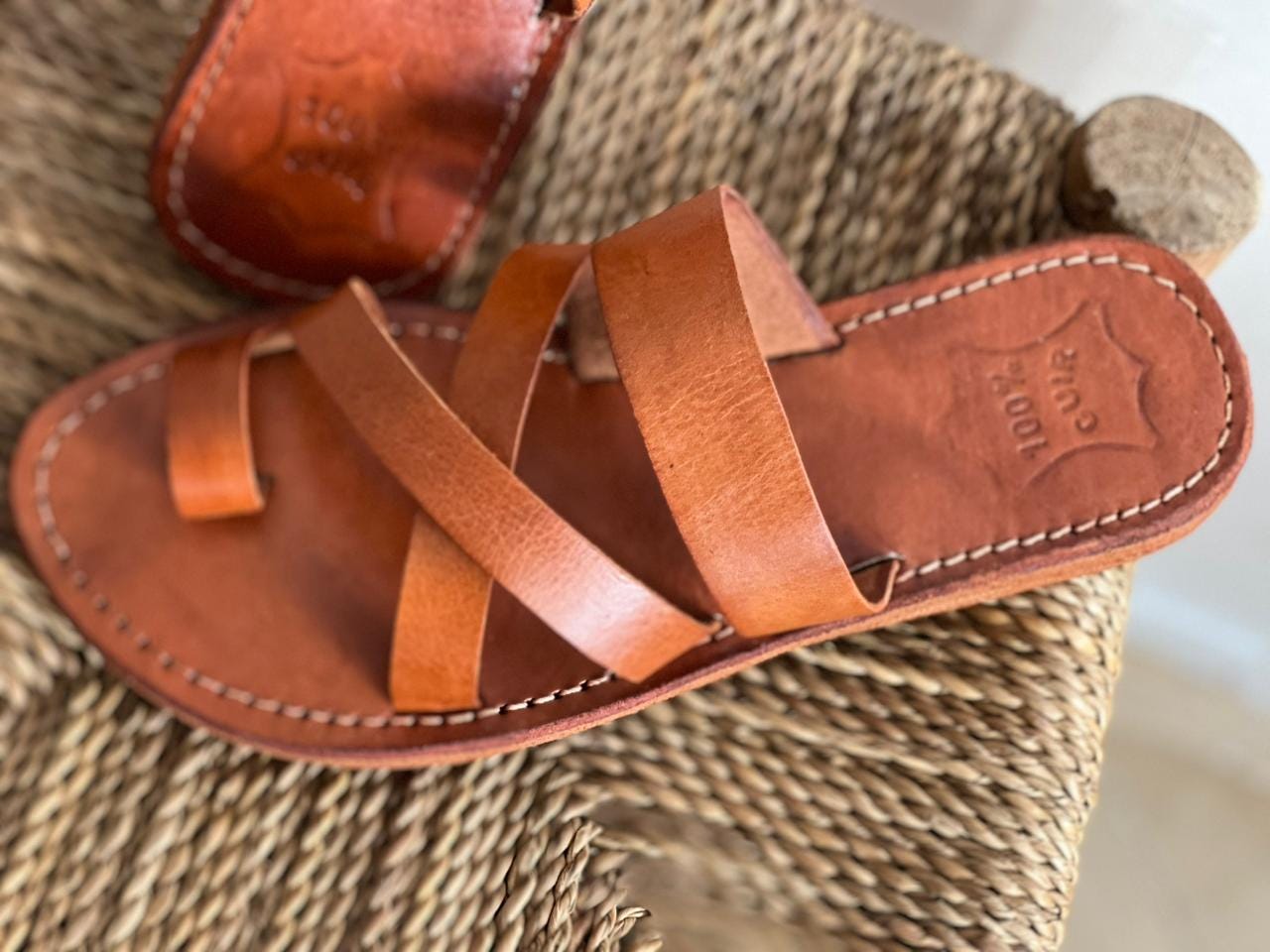 Handmade Moroccan Brown Leather Sandals – Toe Loop Cross Strap Slides Women