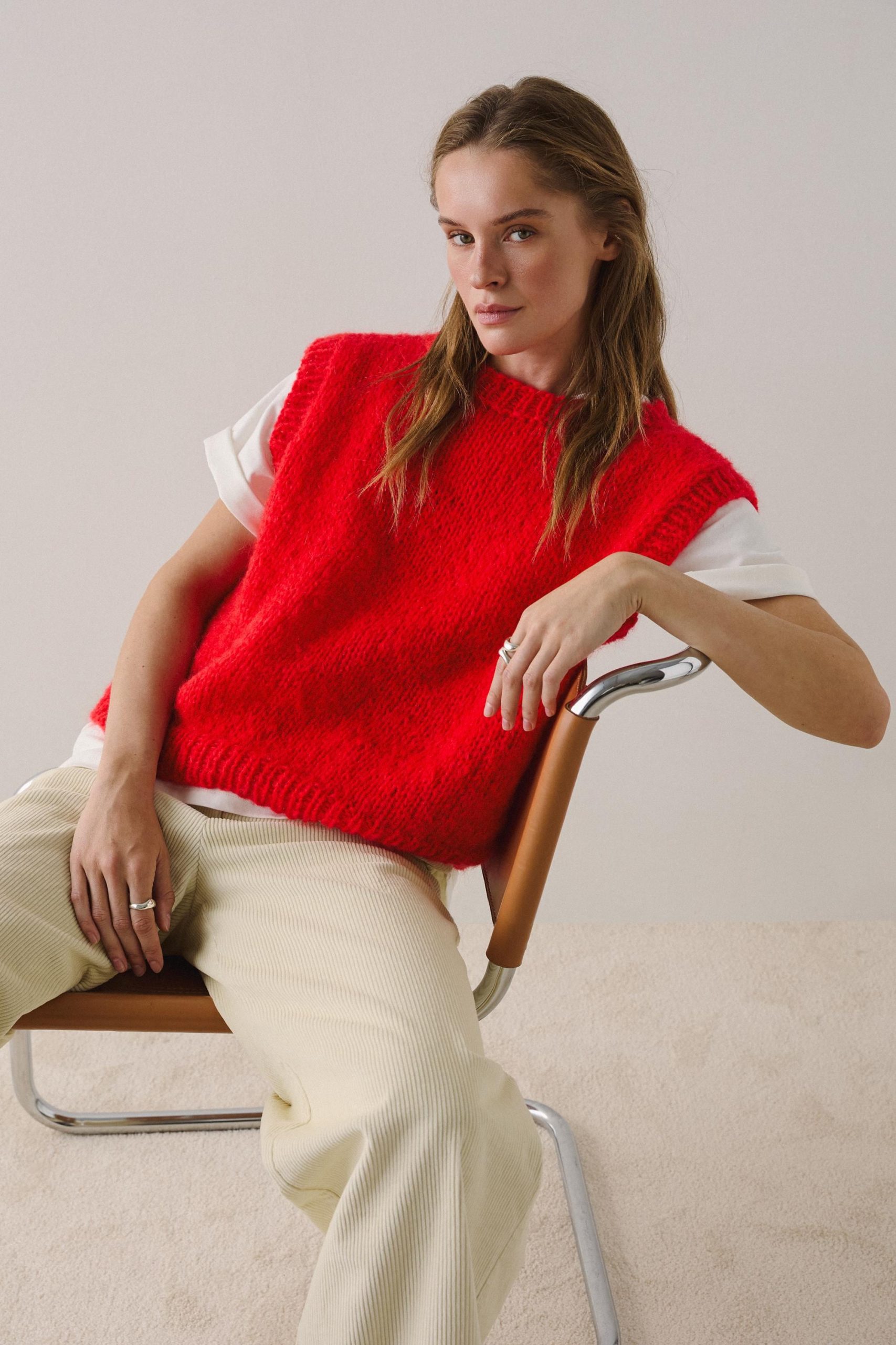Hand-knitted Red Mohair Vest: Women's Cozy Knitwear